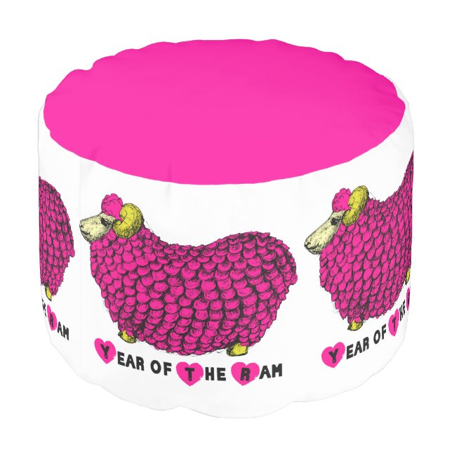 Funny Pink Ram Chinese Year Zodiac Round Pouf (Angled Back)