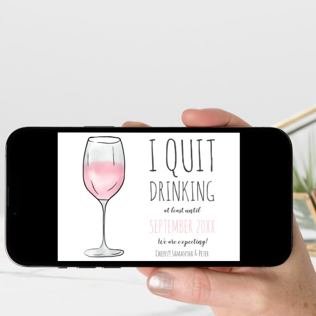 Funny pink rose wine glass quit drinking pregnancy announcement (Front Digital)