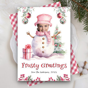Funny Pink Snowman Kids Photo Face Fun Christmas Holiday Card
