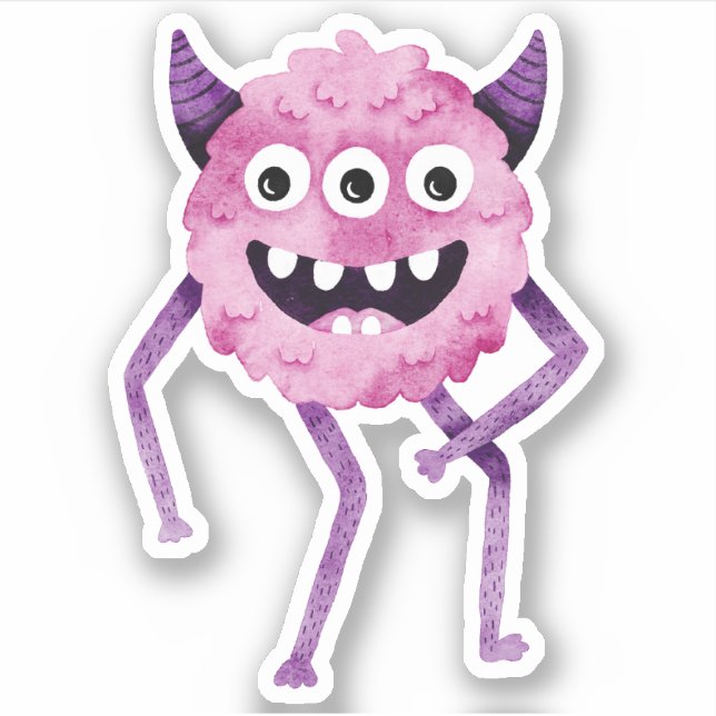 Funny Pink Three Eyed Monster with Horns Sticker (Front)