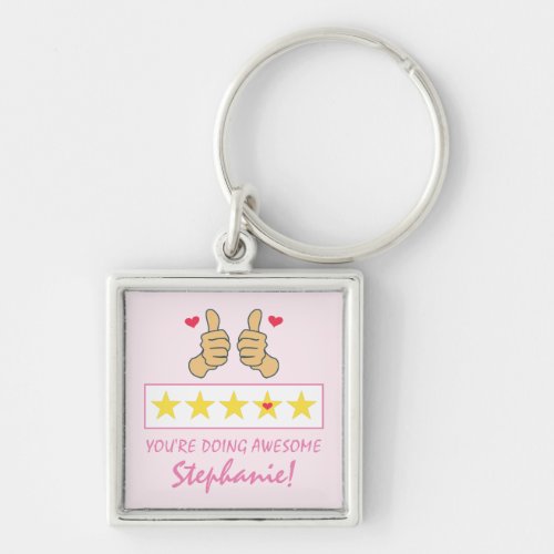 Funny Pink Thumbs Up Five Star Rating Custom Name  Keychain