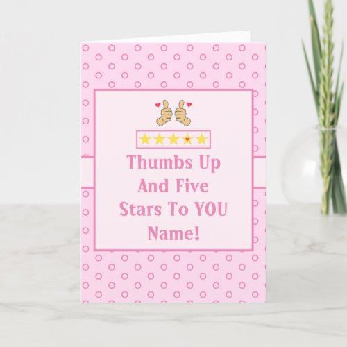 Funny Pink Thumbs Up Five Star Rating Custom Name  Thank You Card
