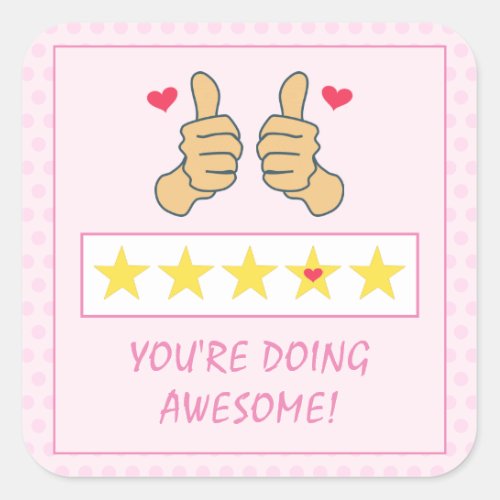 Funny Pink Thumbs Up Five Star Rating Kids Reward  Square Sticker