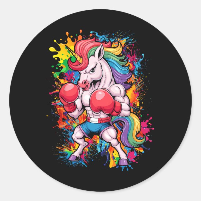 Funny Pink Unicorn With Boxing Gloves  Classic Round Sticker (Front)