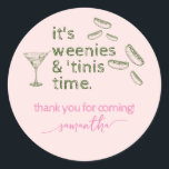 Funny Pink Weenies & Tinis Martini Birthday Party Classic Round Sticker<br><div class="desc">Choose this hilarious Funny Pink Green Weenies & Tinis Martini Birthday Party Supplies template featuring a hand-drawn Martini glass and a pack of wieners! This is the perfect invitation for a great bridal shower, bachelorette, or birthday party! Customize the design with your party details and order your invitations and party...</div>