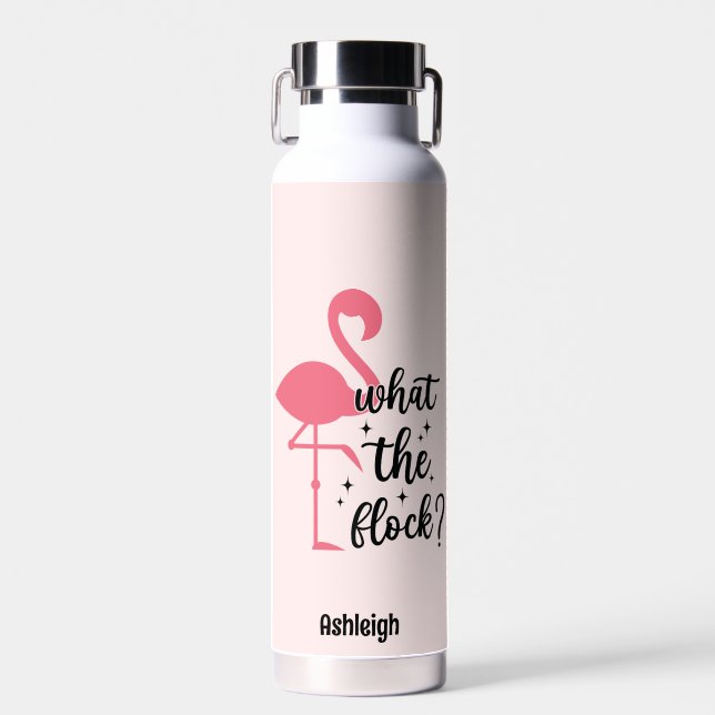 Funny Pink What the Flock Flamingo Personalized Water Bottle (Front)