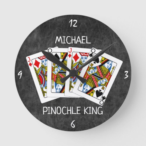 Funny Pinochle King on Black Round Clock