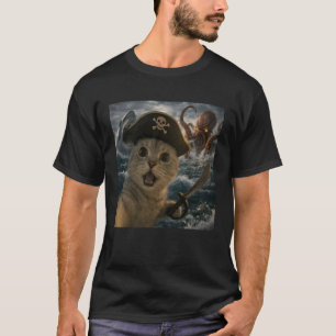 Funny Pirate Cat Selfie with Sea Monster Octopus a T-Shirt
