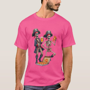 Funny Pirate Skeletons Drinking Beer Eating Pizza T-Shirt