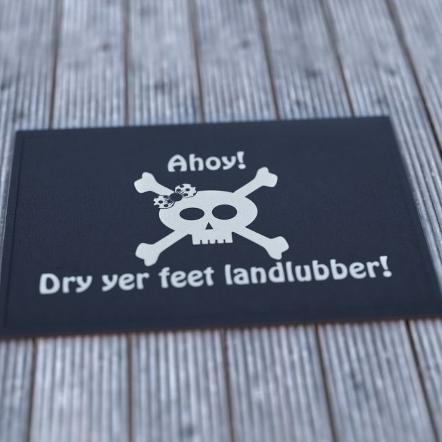 Funny Pirate Skull Crossbones Landlubber Black Doormat ("Ahoy!! Dry yer feet landlubbers". Suitable for all pirate doorways.)
