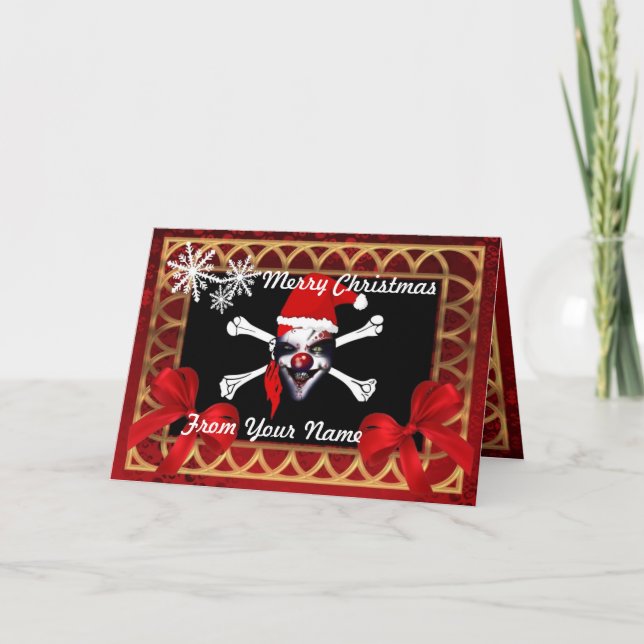 Funny pirate skull santa   personalized christmas holiday card (Front)