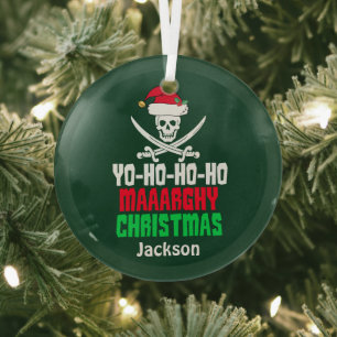 Funny Pirate Yo Ho Ho Ho Merry Christmas Glass Ornament