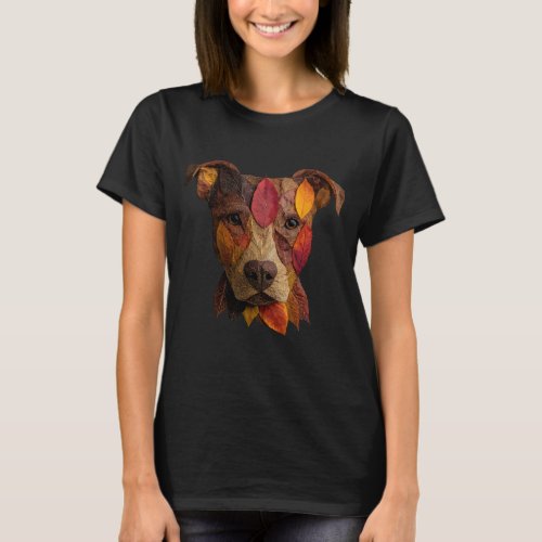 Funny Pit Bull Autumn Leaves Animal Art Artistic D T-Shirt