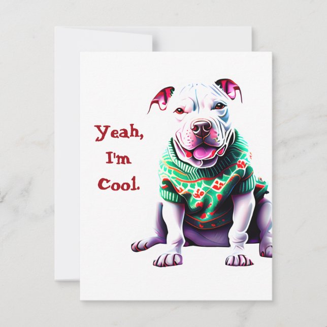 Funny Pit Bull in Christmas Sweater Holiday Card (Front)