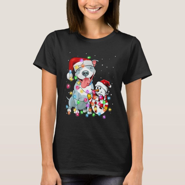 Funny Pitbull Dog Christmas Tee Snowman Xmas Light (Front)