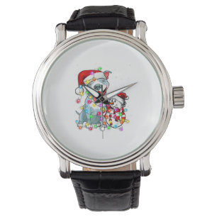 Funny Pitbull Dog Christmas Tee Snowman Xmas Light Watch