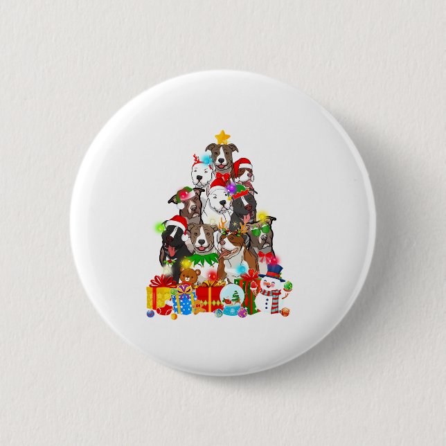 Funny Pitbull Dog Christmas Tree Lights Puppy Dog  Button (Front)