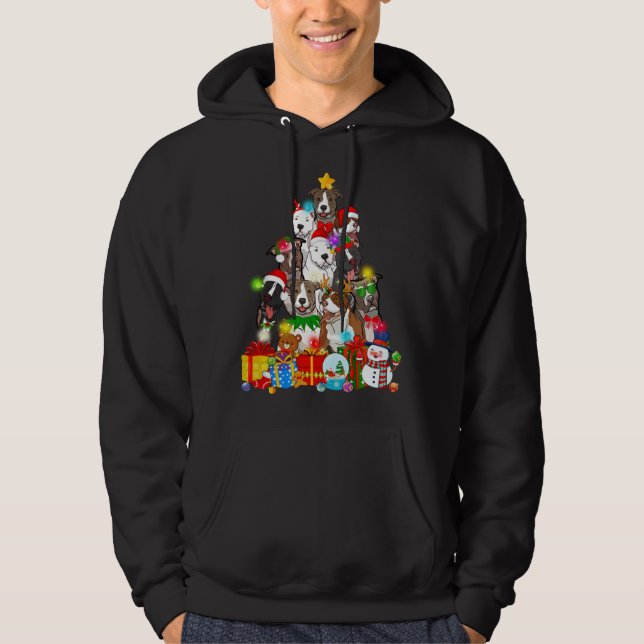 Funny Pitbull Dog Christmas Tree Lights Puppy Dog  Hoodie (Front)