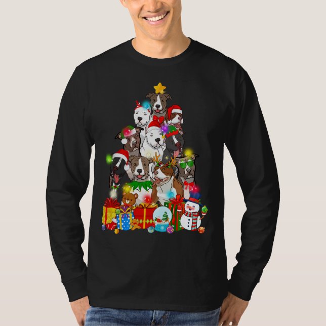 Funny Pitbull Dog Christmas Tree Lights Puppy Dog  T-Shirt (Front)