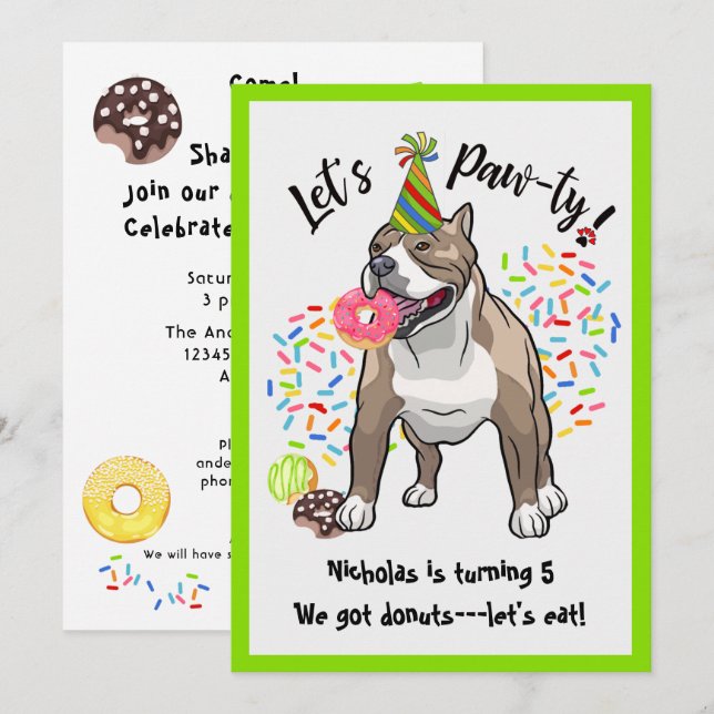 Funny Pitbull Dog Donuts Birthday Party Invitation (Front/Back)