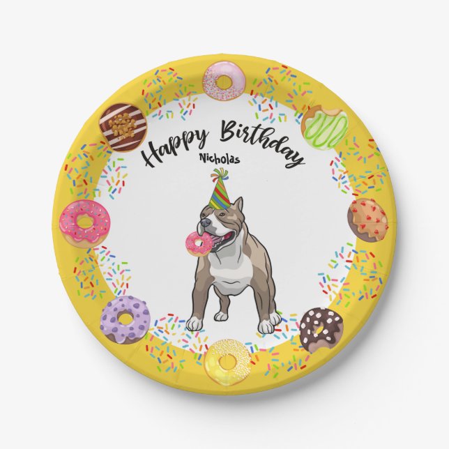 Funny Pitbull Dog Donuts Birthday Party Paper Plates (Front)