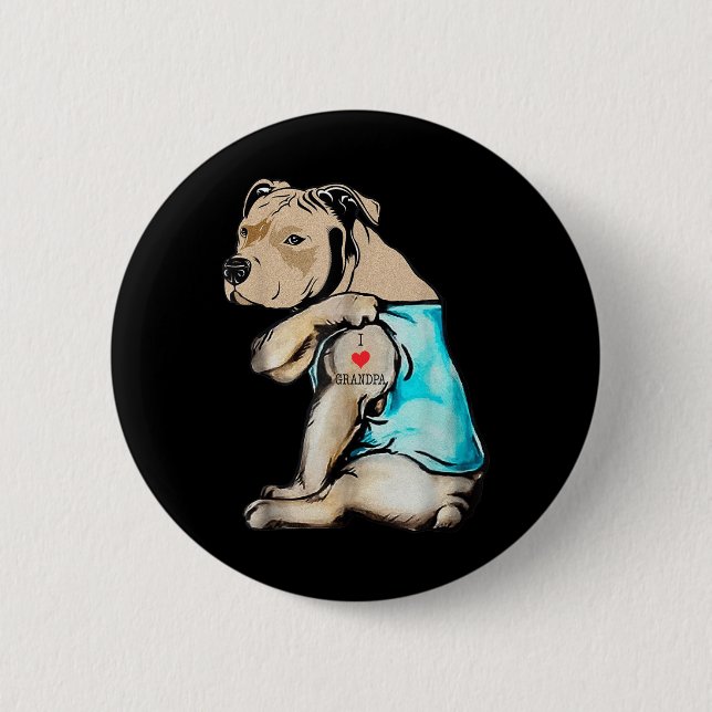 Funny Pitbull Dog I Love Grandpa Tattoo Funny Gran Button (Front)