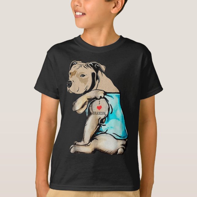 Funny Pitbull Dog I Love Grandpa Tattoo Funny Gran T-Shirt (Front)
