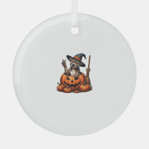 Funny Pitbull Witch Pumpkin Dog Halloween Mens Wom Glass Ornament
