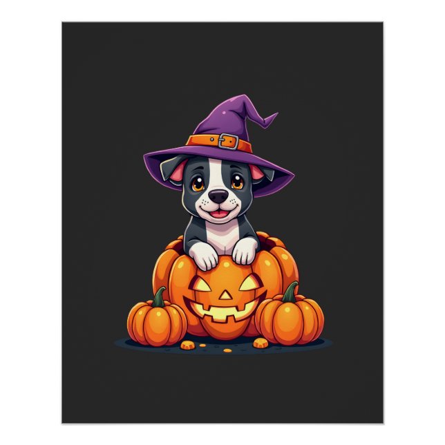 Funny Pitbull Witch Pumpkin Dog Halloween Mens Wom Poster (Front)