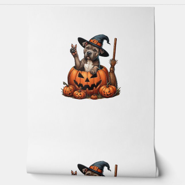 Funny Pitbull Witch Pumpkin Dog Halloween Mens Wom Wallpaper (Unrolling)