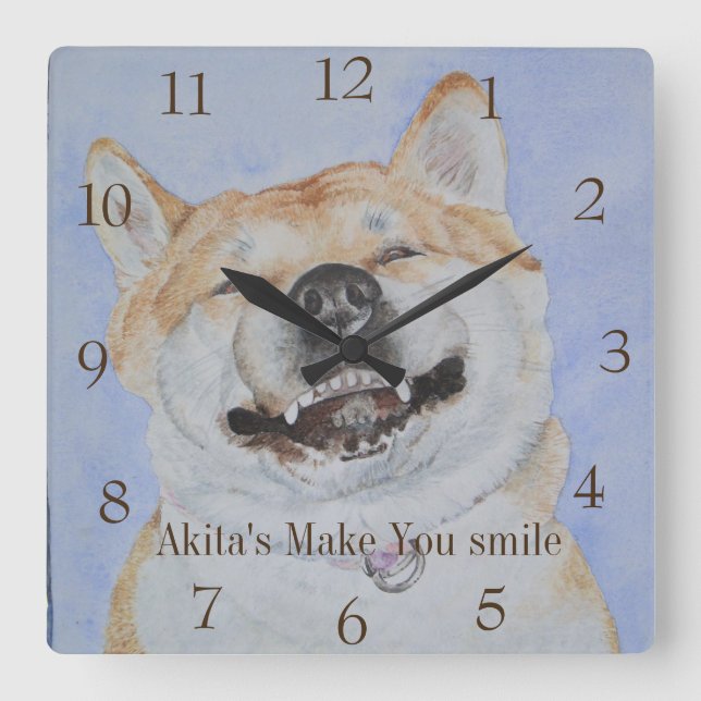funny piture of akita smiling dog square wall clock (Front)