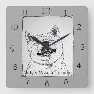 funny piture of akita smiling realist art dog square wall clock