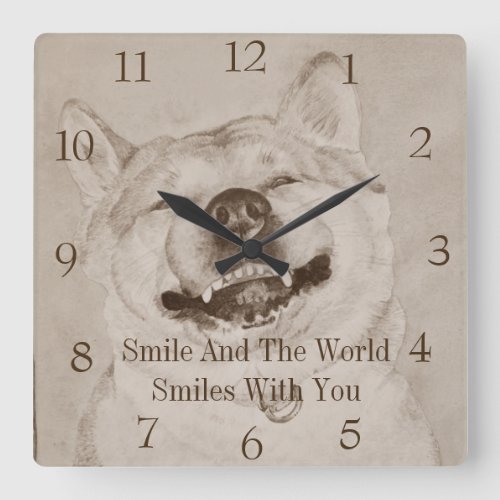 funny piture of akita smiling realist art dog square wall clock