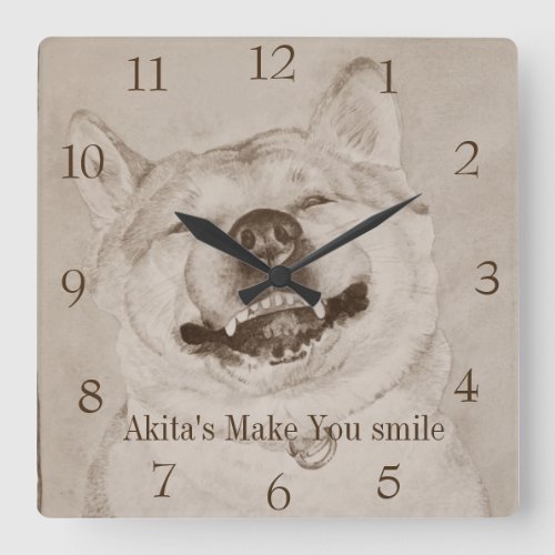 funny piture of akita smiling realist art dog square wall clock