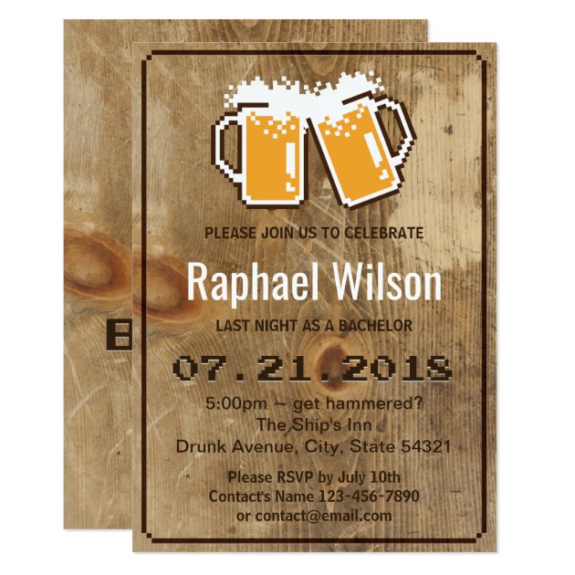 Funny Pixel Beers & Wood Bachelor Party Invitation