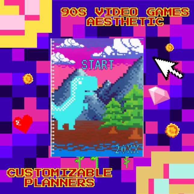 Funny Pixel Gamer Pixelated- Dinosaur Illustration Planner (This funny nostalgic design features pixel art of a Dinosaur in naturen.I've used a pop color palett)