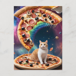 Funny Pizza Cat in Space Floating Pizzas Postcard