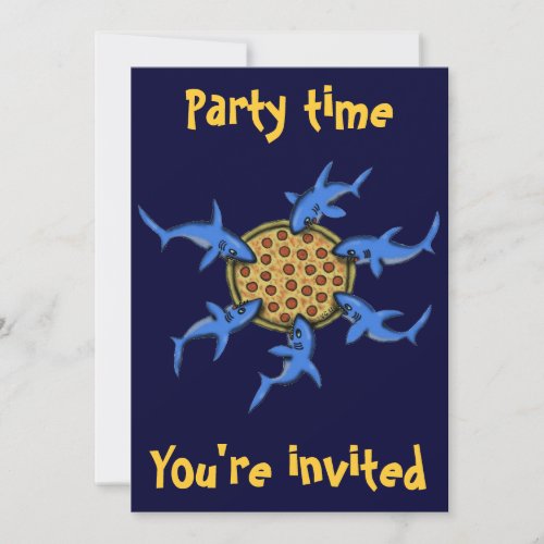 Funny pizza eating sharks party invitation card