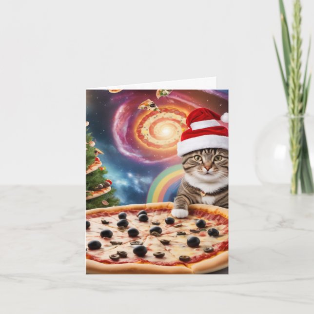 Funny Pizza Santa Cat Christmas Card (Front)