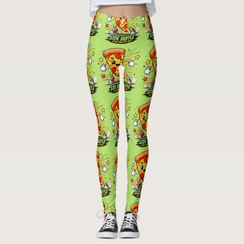 Funny Pizza Side Shuffle Workout Cartoon Mascot Leggings