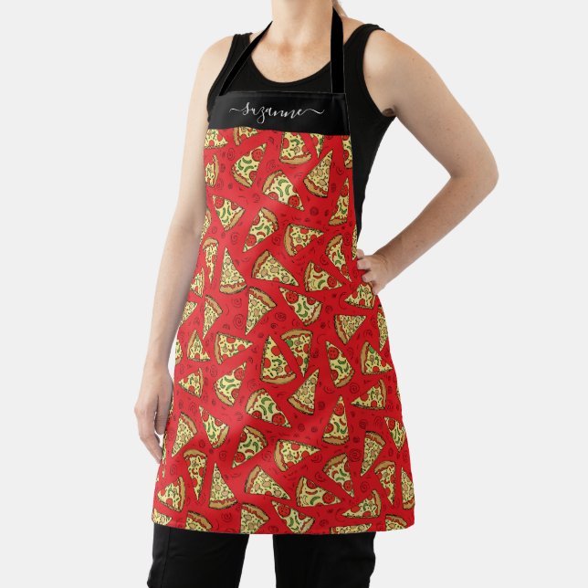 Funny Pizza Slices Food Pattern with Monogram Name Apron (Insitu)