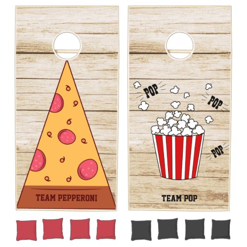 Funny Pizza vs Popcorn Team Custom Rustic Cornhole Set