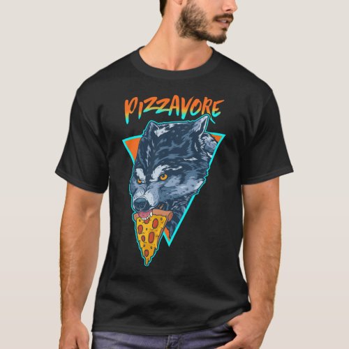 Funny Pizzavore Pizza Lover Pun Wolf Retro 90s Vap T_Shirt