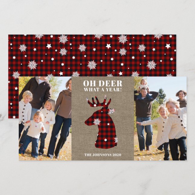 Funny Plaid Snowflake Oh Deer Photo Holiday Card (Front/Back)