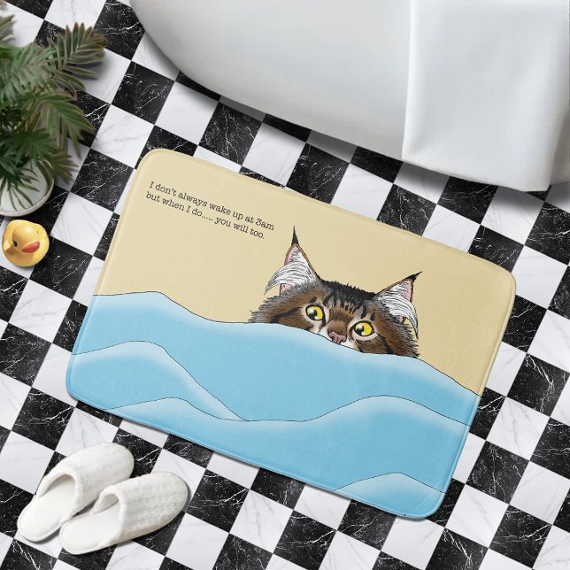 Funny Playful Yellow Tabby Cat Morning Humour Bath Mat (Creator Uploaded)