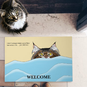 Funny Playful Yellow Tabby Cat Morning Humour Doormat