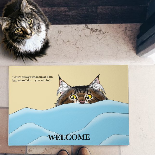 Funny Playful Yellow Tabby Cat Morning Humour Doormat (Creator Uploaded)