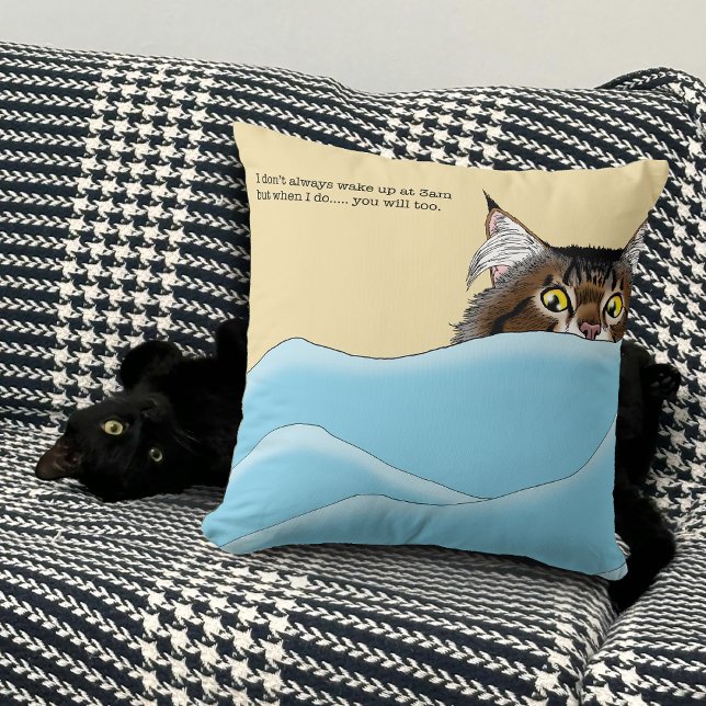 Funny Playful Yellow Tabby Cat Morning Humour Throw Pillow (Creator Uploaded)