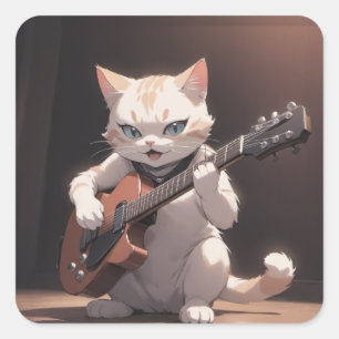  Funny Playing Guitar Cat Art Square Sticker