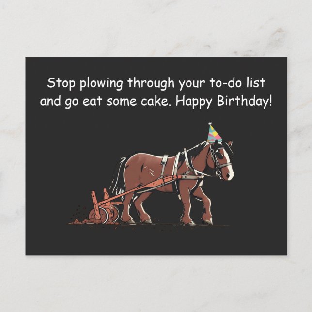 Funny Plowing Horse Birthday Greeting Postcard (Front)